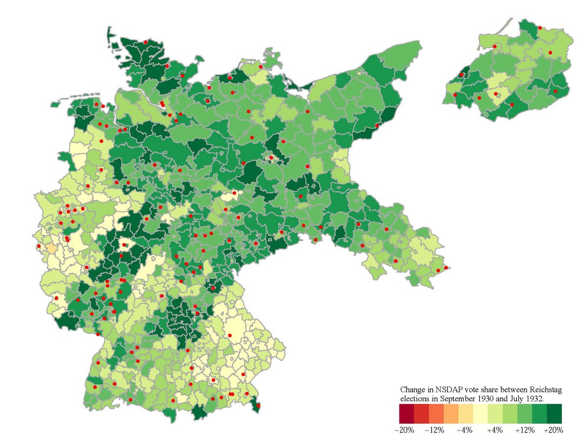 Changes in the proportion of NSDAP voters in counties and county boroughs from the German parliamentary (Reichstag) elections in September 1930 to those in July 1932. Red dots mark Hitler's appearances between the two election dates. Copyright: Simon Munz