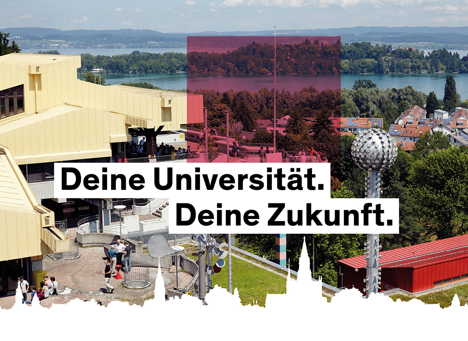 Blick auf die Mensaterrasse und den Bodensee. Darüberliegend steht "Deine Universität, deine Zukunft" geschrieben.