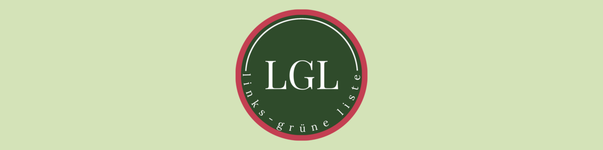 Logo der LGL auf hellgrünem Hintergrund: ein grüner Kreis mit magentafarbener Umrandung, auf dem "LGL links-grüne liste" steht.