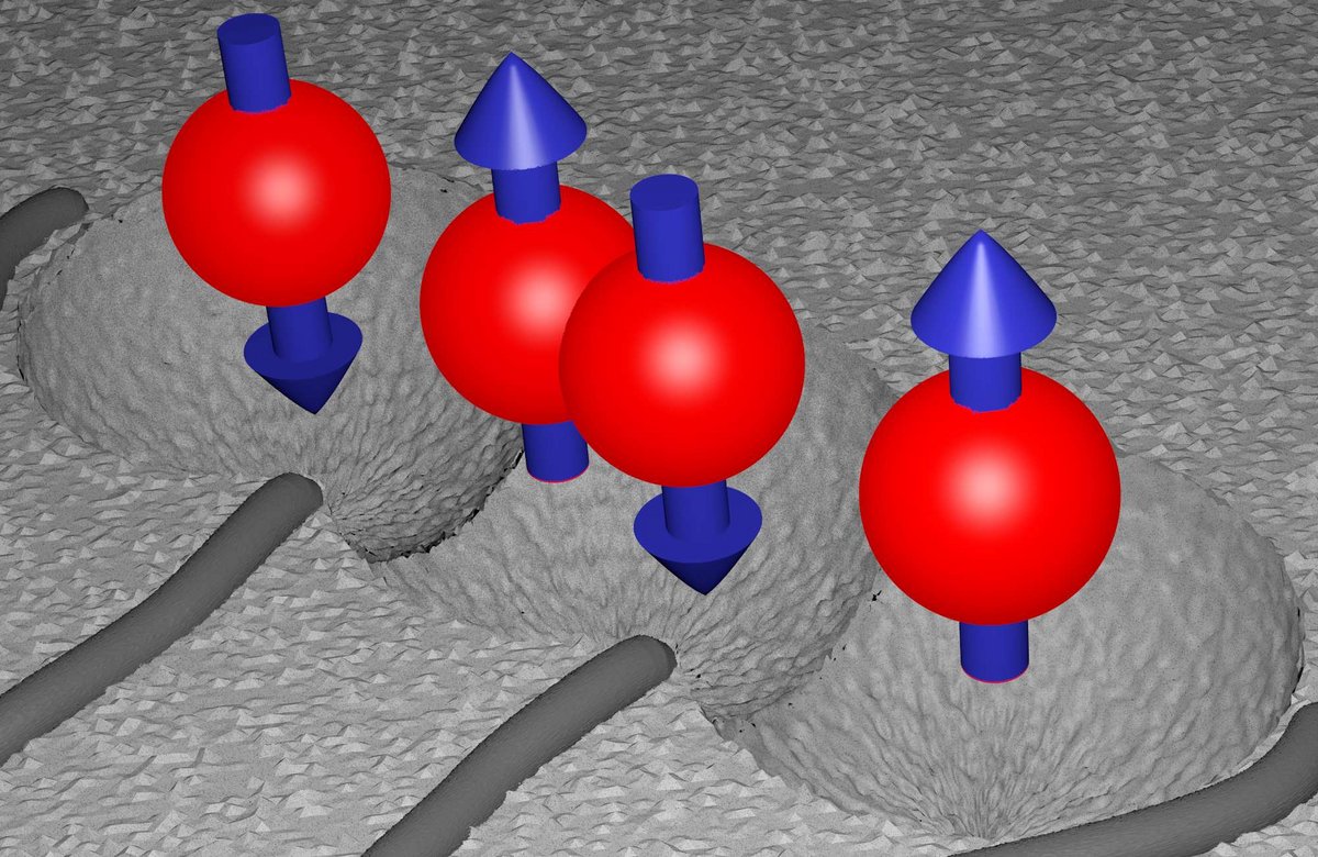 Schematische Darstellung des neuen Spin Qubits bestehend aus vier Elektronen (rot) mit  ihren Spins (blau) in der umgebenden Halbleiterstruktur (grau).
