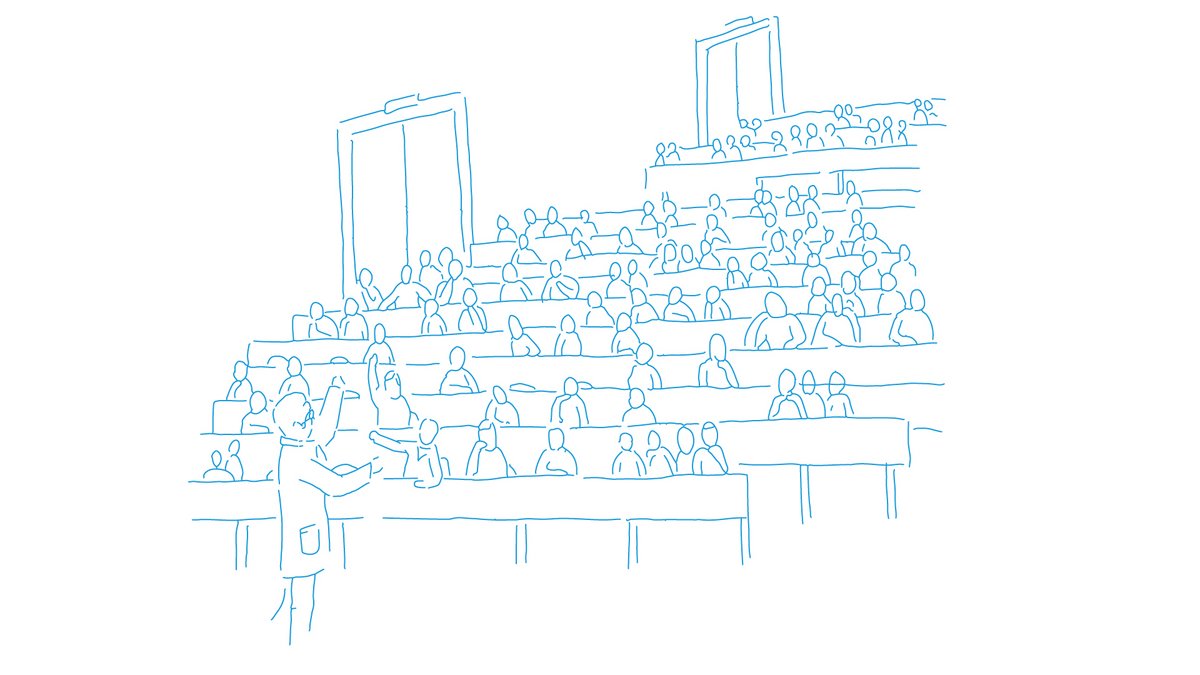 Zeichnung eines Hörsaals mit ansteigenden Sitzreihen.
