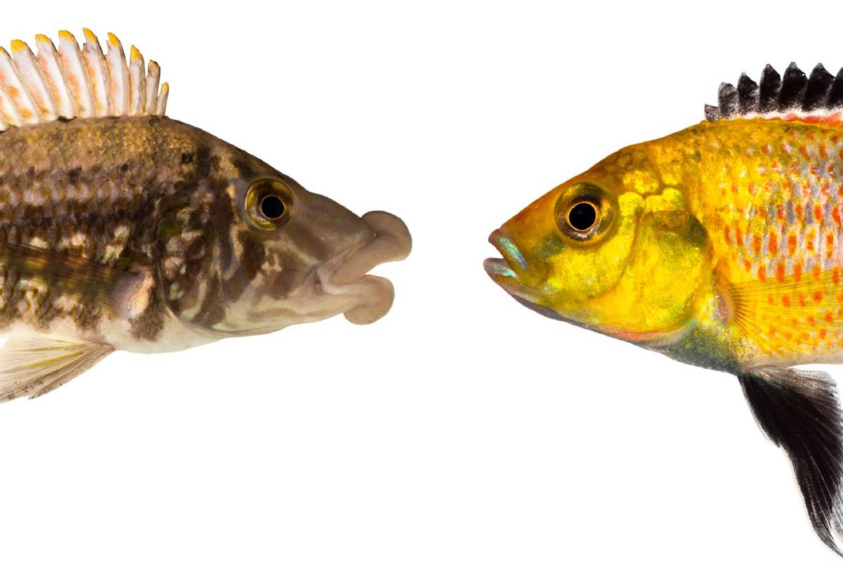 Ernährungsspezialisierungen von Cichliden. Links: Lobochilotus labiatus, ein Fleischfresser aus dem Tanganjikasee, der einen Mund hat, um wirbellose Tiere aus Felsspalten zu saugen. Rechts: Pseudocrenilabrus nicholsi, ein Allesfresser aus dem Kongobecken