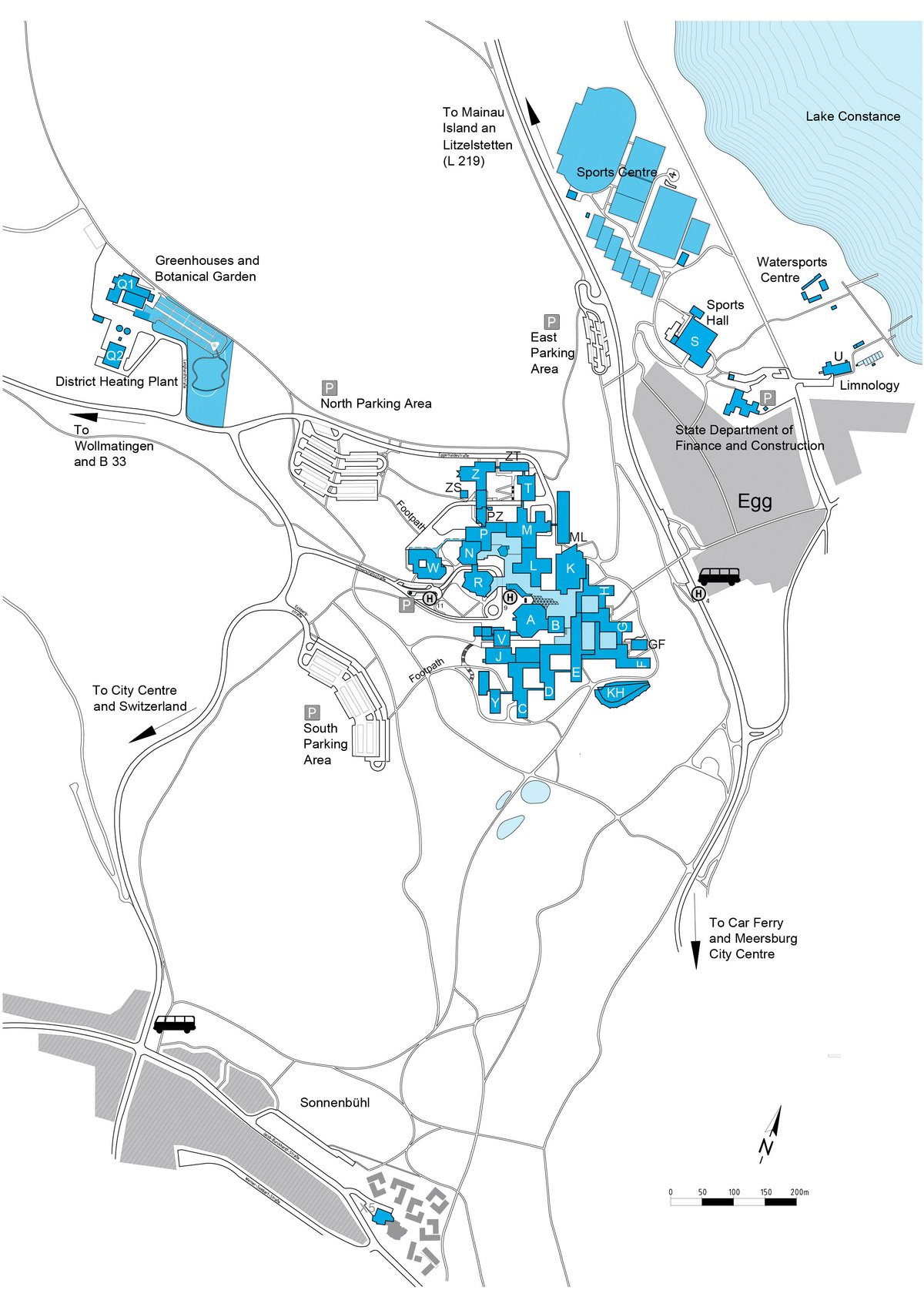 Large campus map with building description.