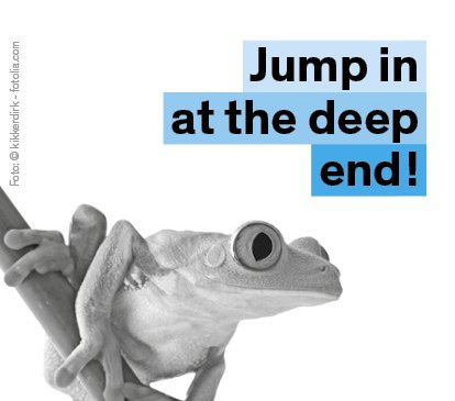 Schreibberatungspostkarte Frosch; Text: Jump in at the deep end