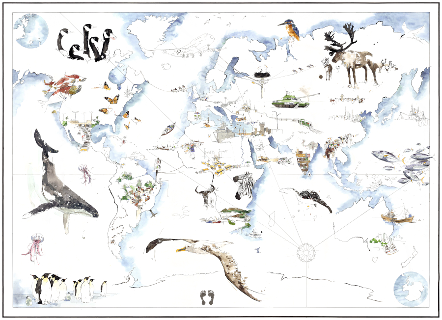 artwork showing the world map with different animals