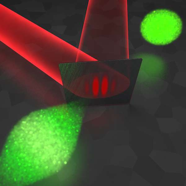 Elektronenimpulse (grün) werden mittels eines Strahls aus Laser-erzeugter Terahertz-Strahlung (rot) in Raum und Zeit verkippt. Bild: Prof. Dr. Peter Baum