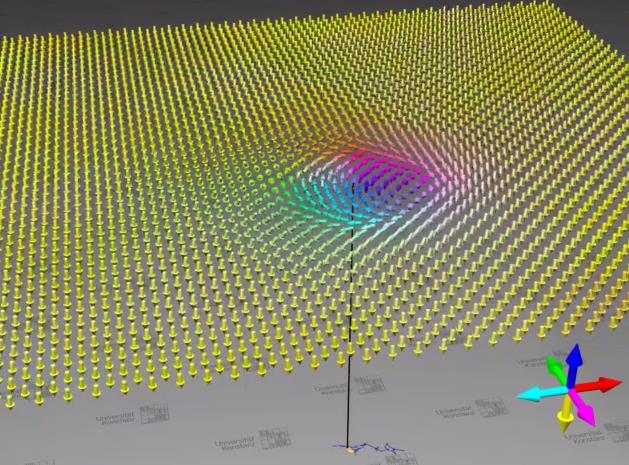 Screenshot einer Computersimulation der diffusiven Bewegung eines Skyrmions in einem dünnen, magnetischen Film. Copyright: AG Prof. Dr. Ulrich Nowak, Universität Konstanz