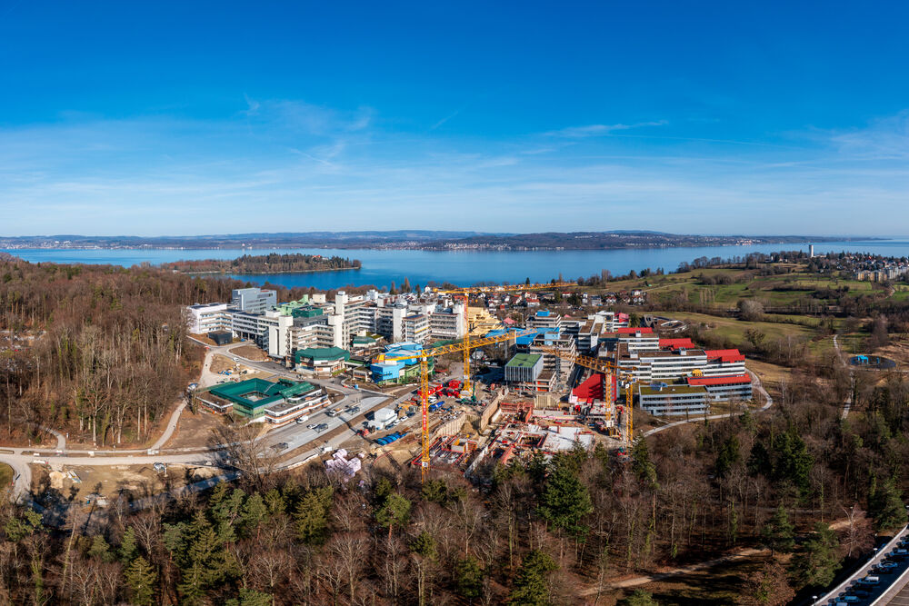 Aerial view of the University of Konstanz with a view of the construction site for Building X