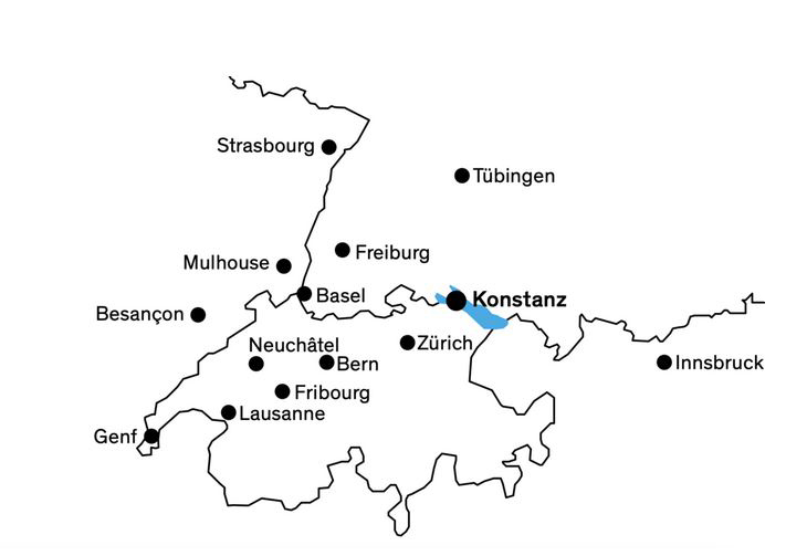 Gezeichnete Karte mit Ländergrenzen von Deutschland, Österreich und der Schweiz. Die großen Städte zwischen Insbruck, Genf und Strasbourg sind eingezeichnet. Konstanz wird besonders hervorgehoben. 