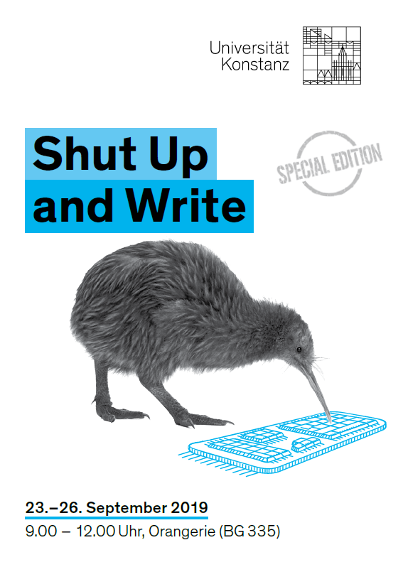 Flyer: Shut Up and Write Special Edition; Bild: Kiwi, der mit seinem Schnabel auf einer Tastatur tipptt